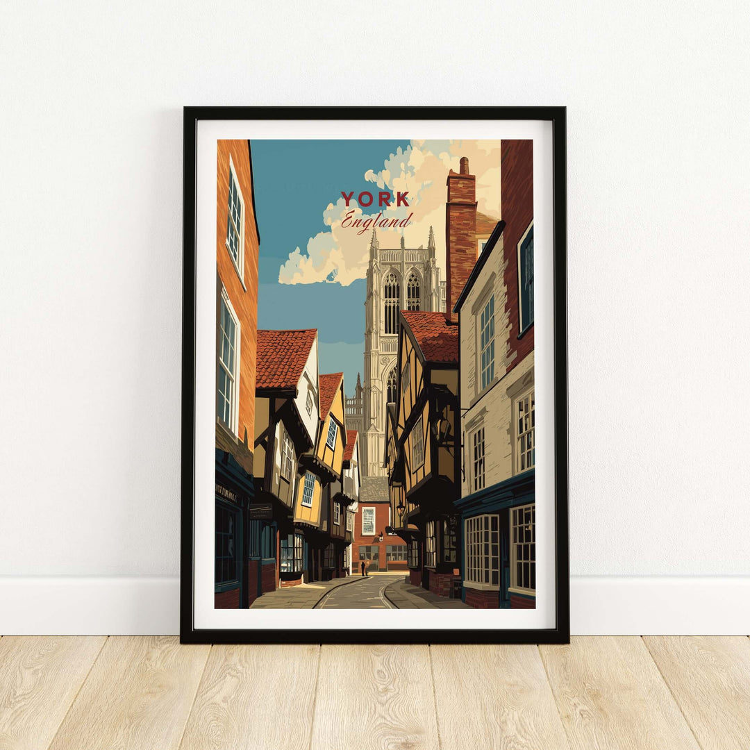 York England Minster view from Shambles poster art print showcasing historic architecture and vibrant colors.