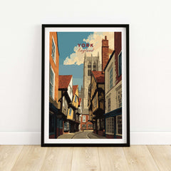 York England Minster View from Shambles Poster - Iconic Cathedral Art Print showcasing historic street and cathedral.