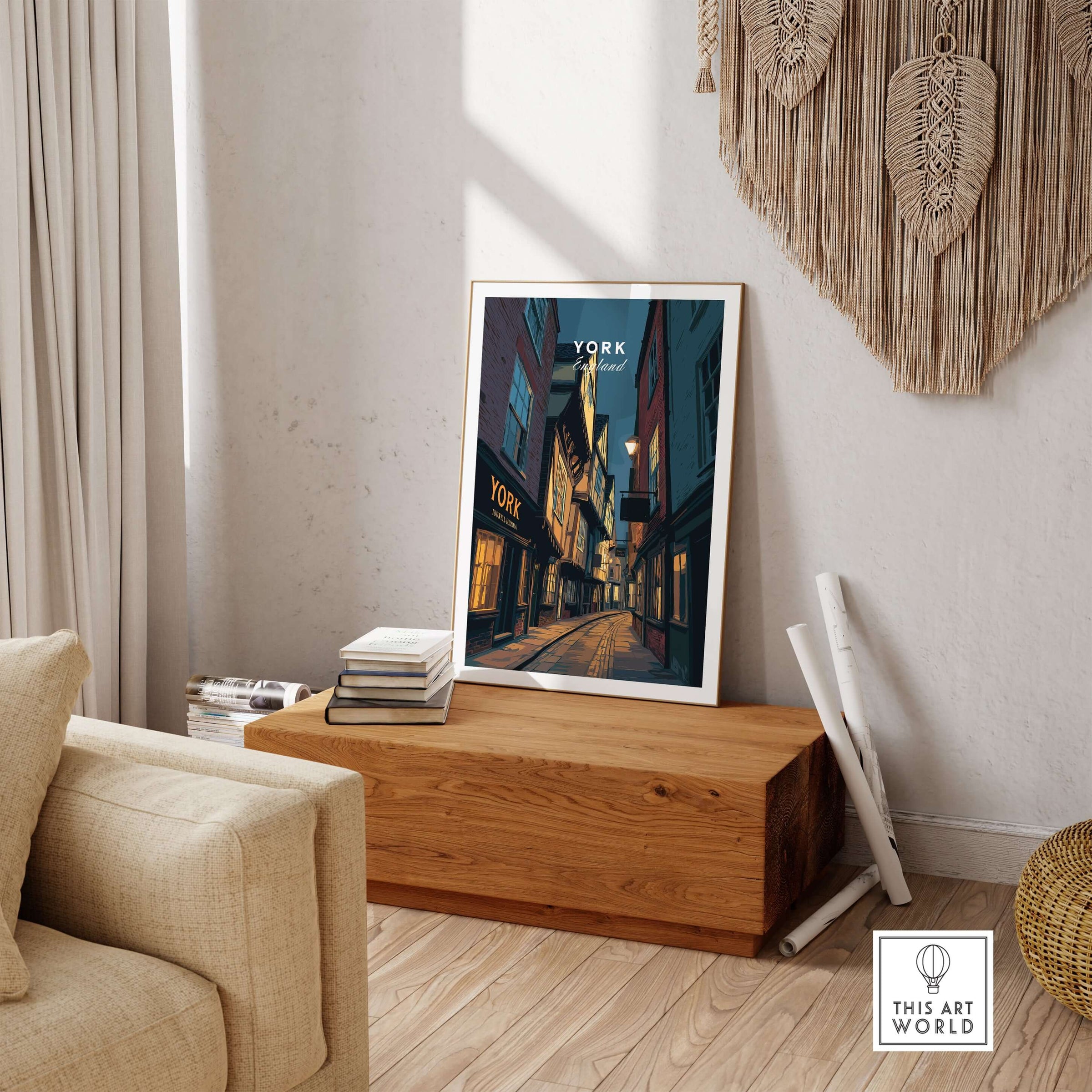 York England Shambles Print - Illuminated York Alleyway Wall Art displayed in a cozy living room setting.