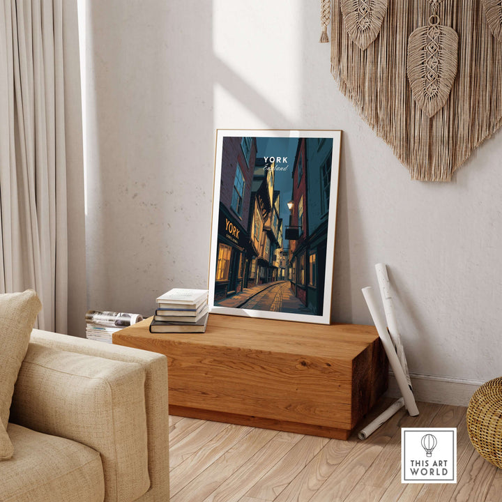 Illuminated York Shambles print displayed in a cozy room, showcasing historic English architecture.