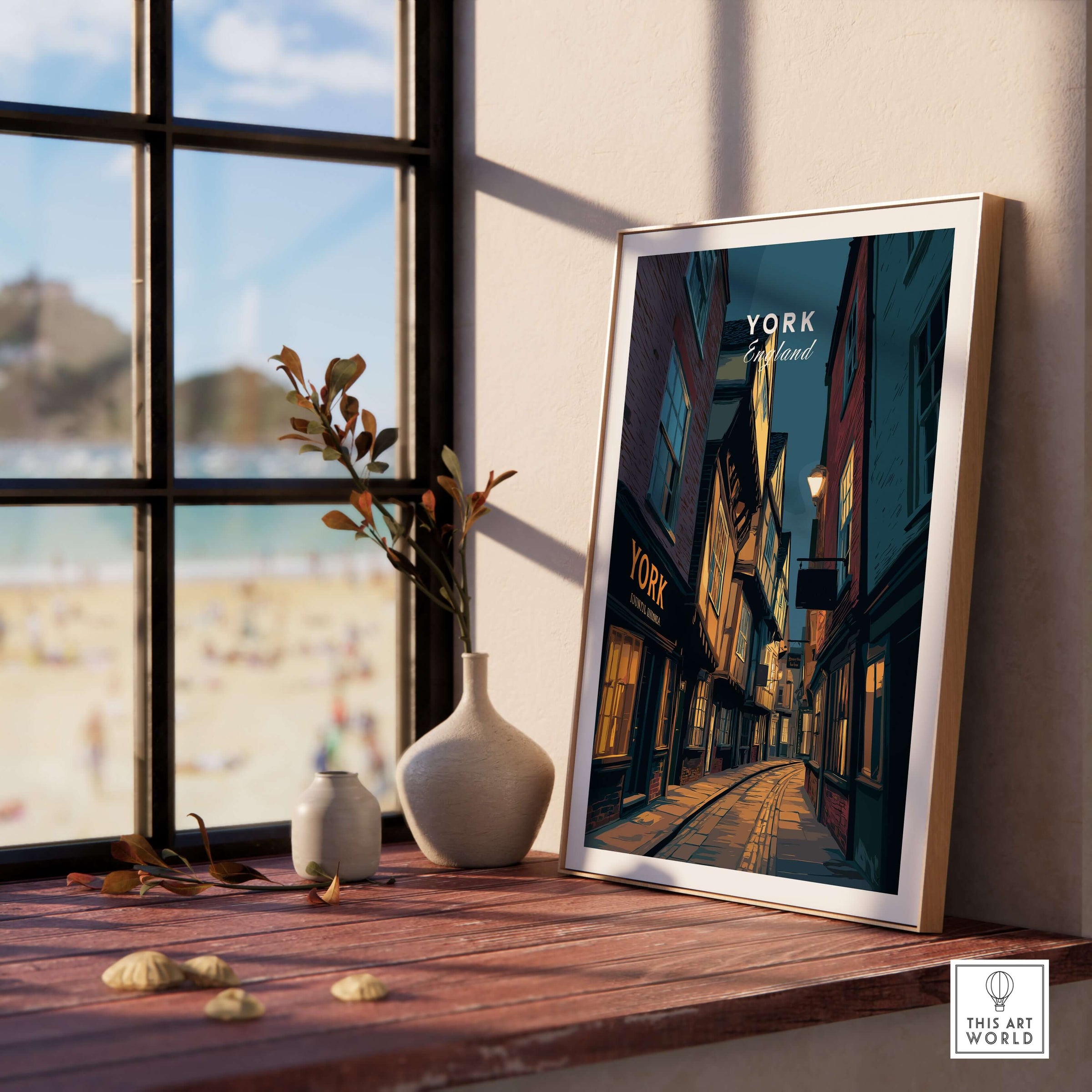 York England Shambles Print - Illuminated York Alleyway Wall Art displayed on a wooden table next to a window.