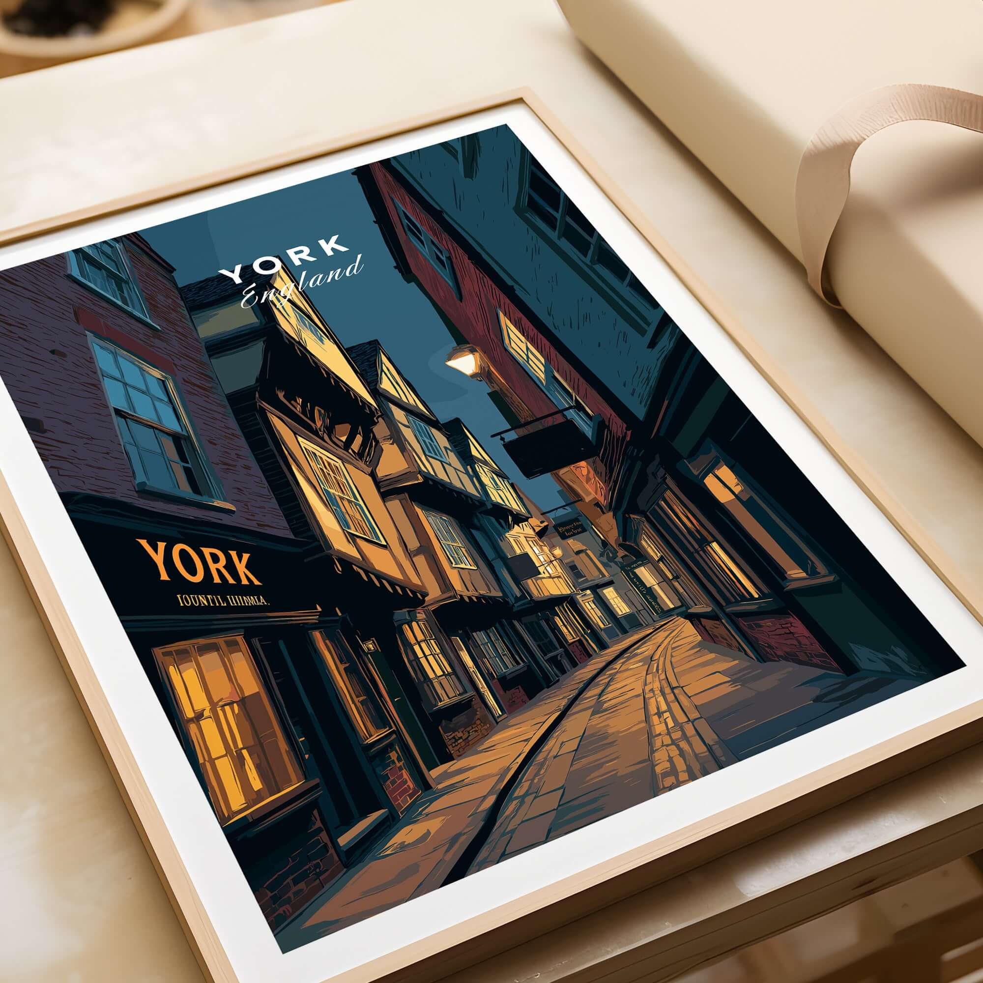 York England Shambles Print - Illuminated York Alleyway Wall Art showcasing a charming illuminated alleyway in York.