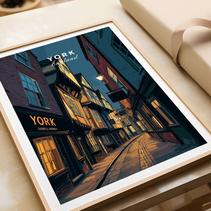 Illuminated York alleyway print showcasing the charm of Shambles in England, framed wall art for home decor.
