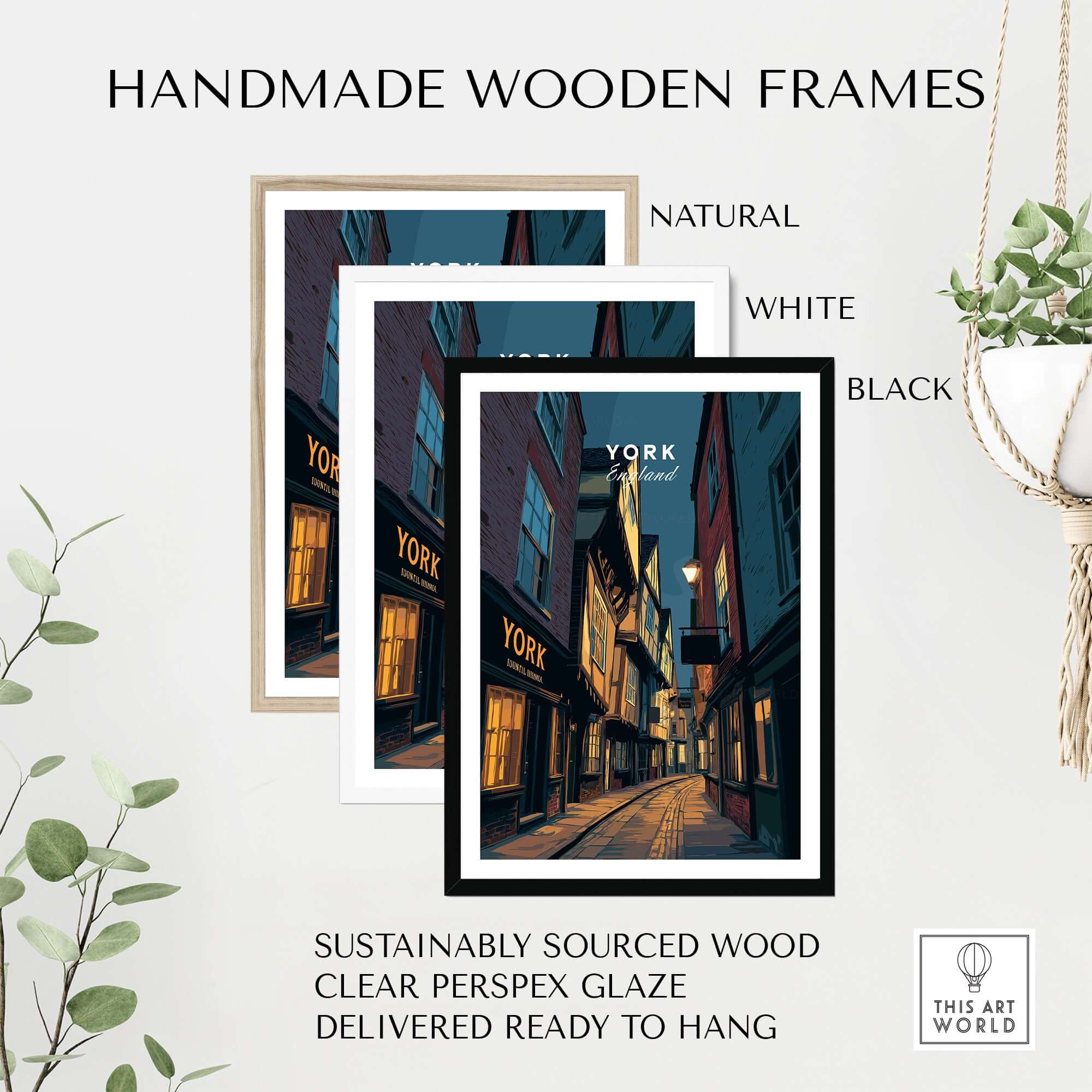 York England Shambles Print - Illuminated York Alleyway Wall Art displayed in handmade wooden frames.