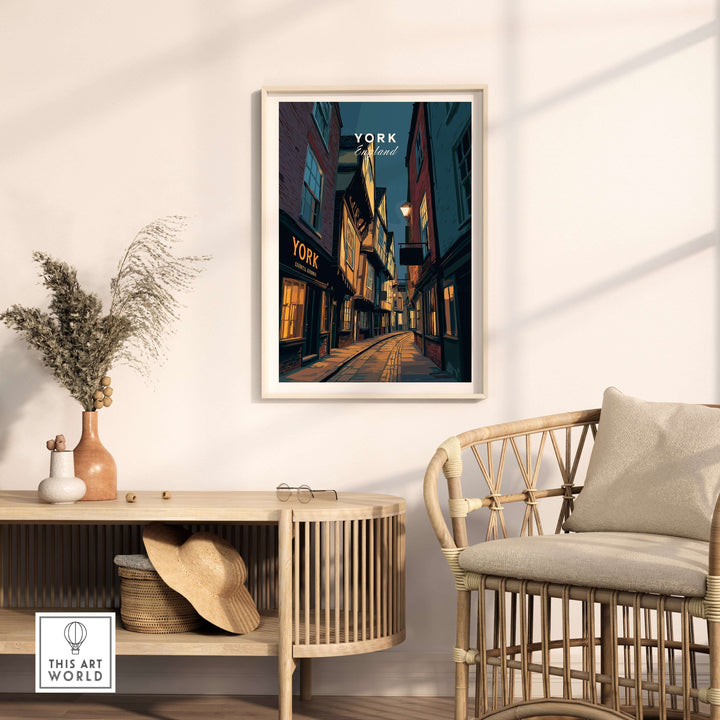 York Shambles illuminated alleyway print in a modern living room setting, showcasing historic wall art decor.