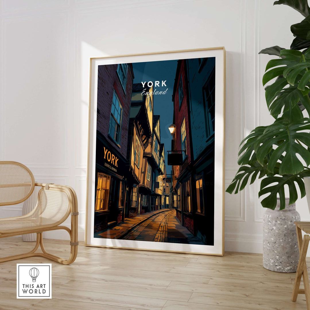Illuminated York Alleyway Print showcasing Shambles street art in a stylish home interior setting.