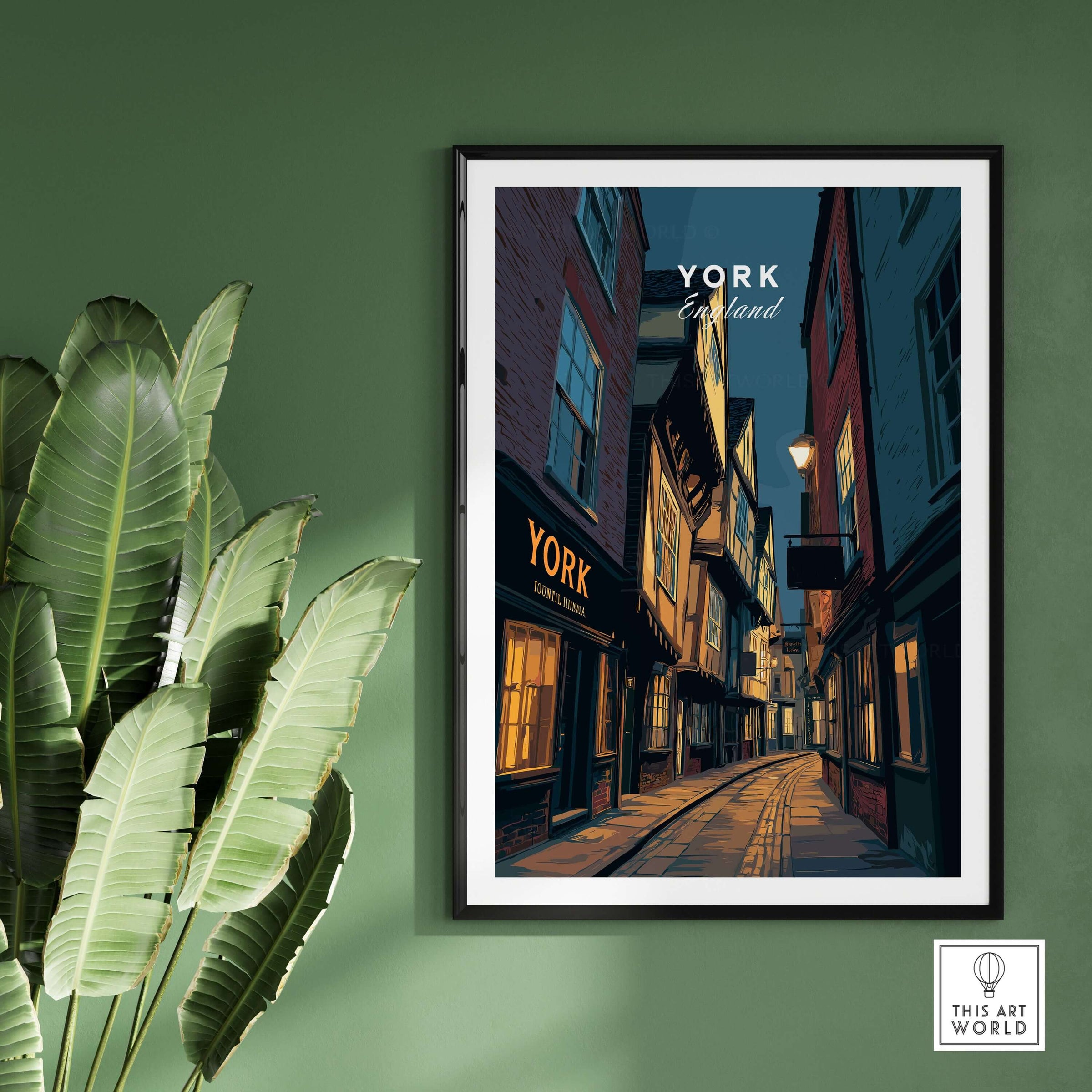 York England Shambles Print - Illuminated York Alleyway Wall Art hanging in a cozy, stylish room