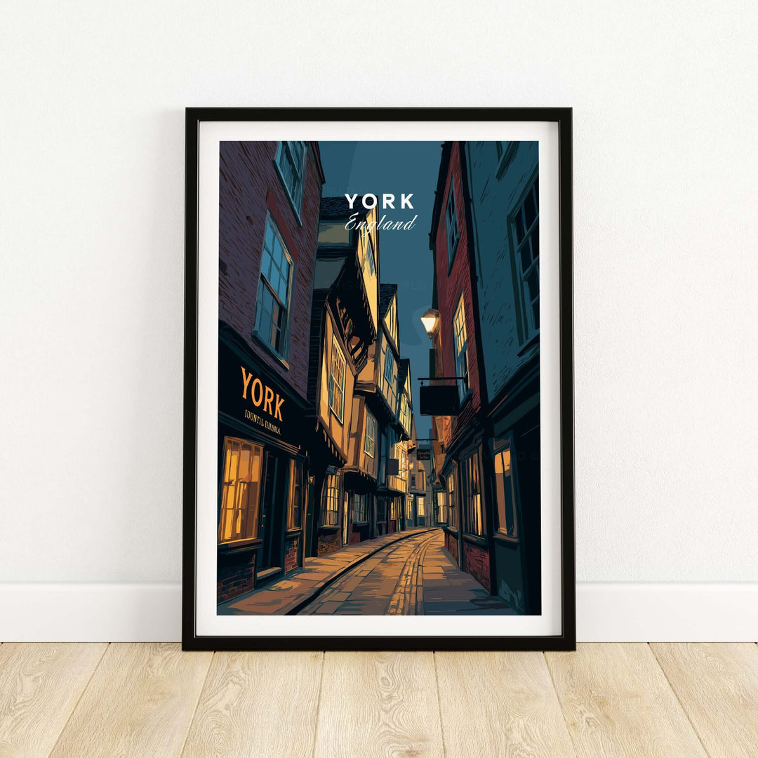 York England Shambles print featuring an illuminated alleyway scene, perfect wall art for home décor.