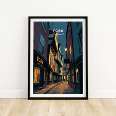 York England Shambles Print - Illuminated York Alleyway Wall Art featuring a charming illuminated street scene.