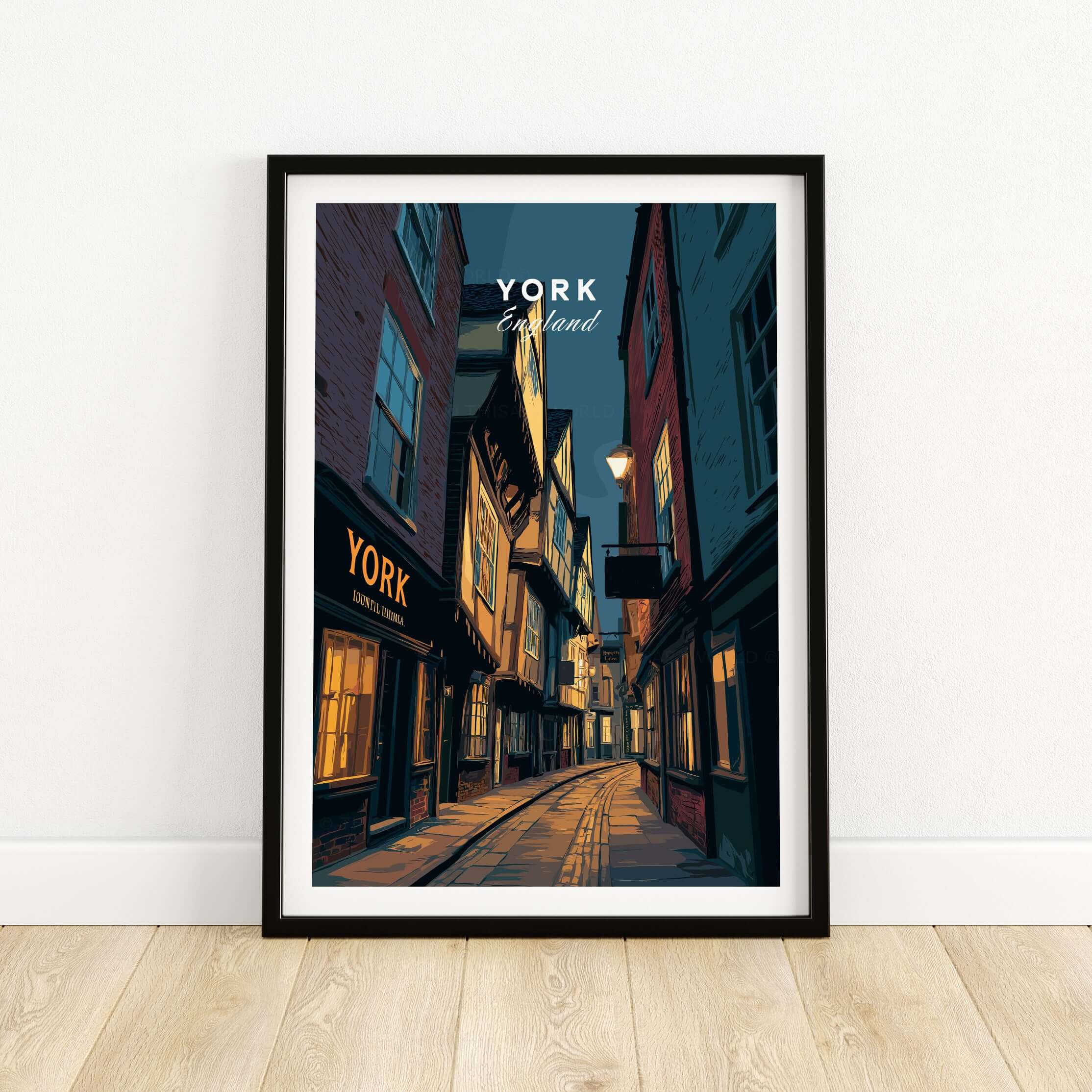 York England Shambles Print - Illuminated York Alleyway Wall Art featuring a charming illuminated street scene.