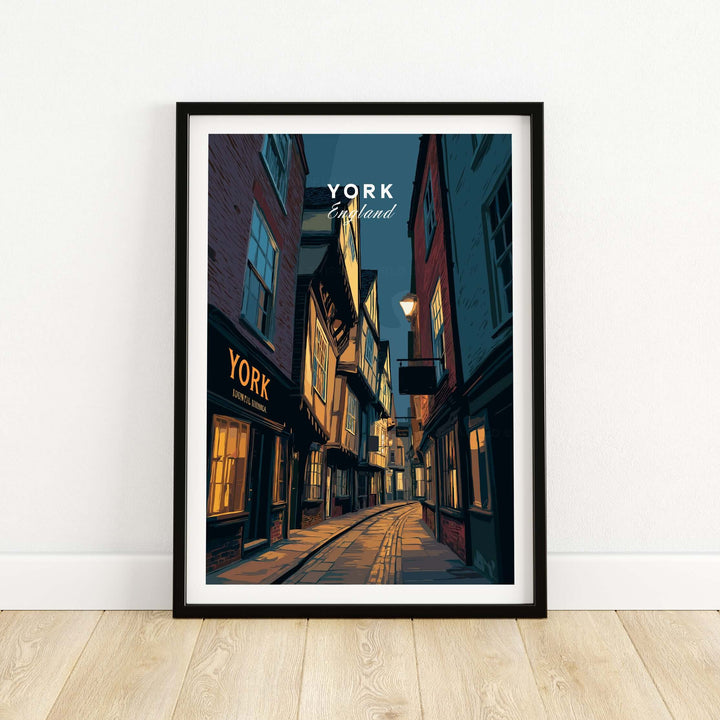 York England Shambles print featuring an illuminated alleyway scene, perfect wall art for home décor.