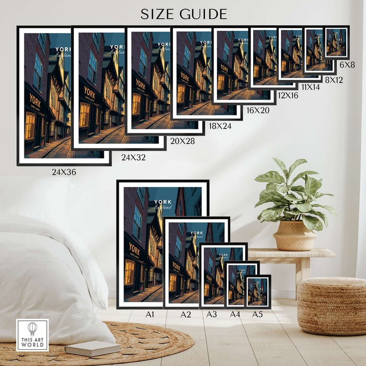 Size guide for York England Shambles print, showcasing various dimensions for wall art display options.