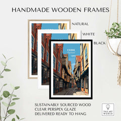 York England The Shambles Street Print - Historic City Lane Wall Art displayed in handmade wooden frames.