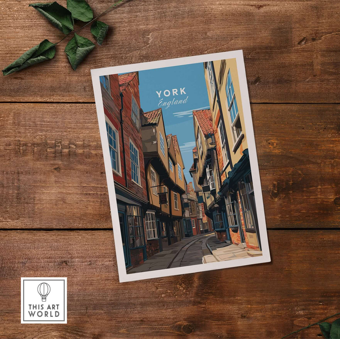 York England The Shambles street print, showcasing timber-framed buildings and historic charm for wall decor.