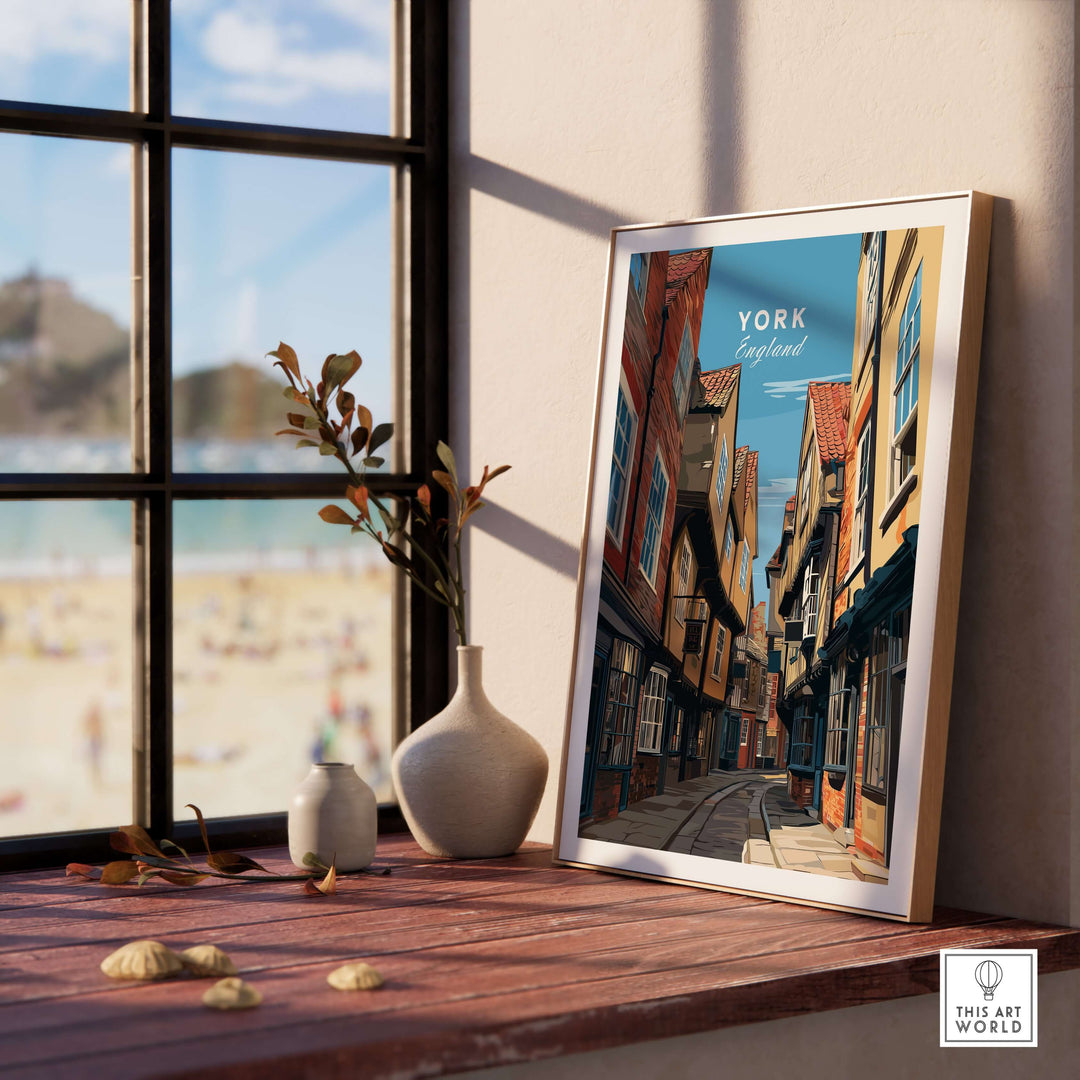 Framed print of The Shambles street in York, England, showcasing historic timber-framed buildings and charming architecture.