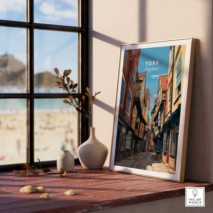 Framed print of The Shambles street in York, England, showcasing historic timber-framed buildings and charming architecture.