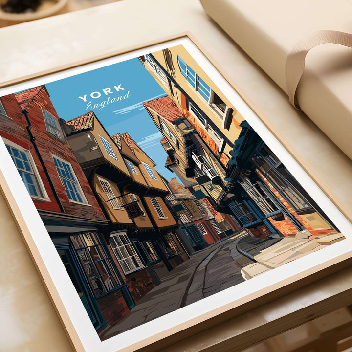 York England The Shambles street print showcasing historic timber-framed buildings and charming city lane.