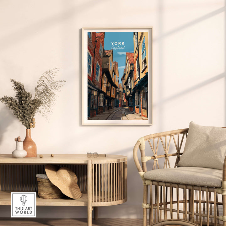 York England The Shambles street print framed on wall, showcasing historic architecture and charming city lane decor.