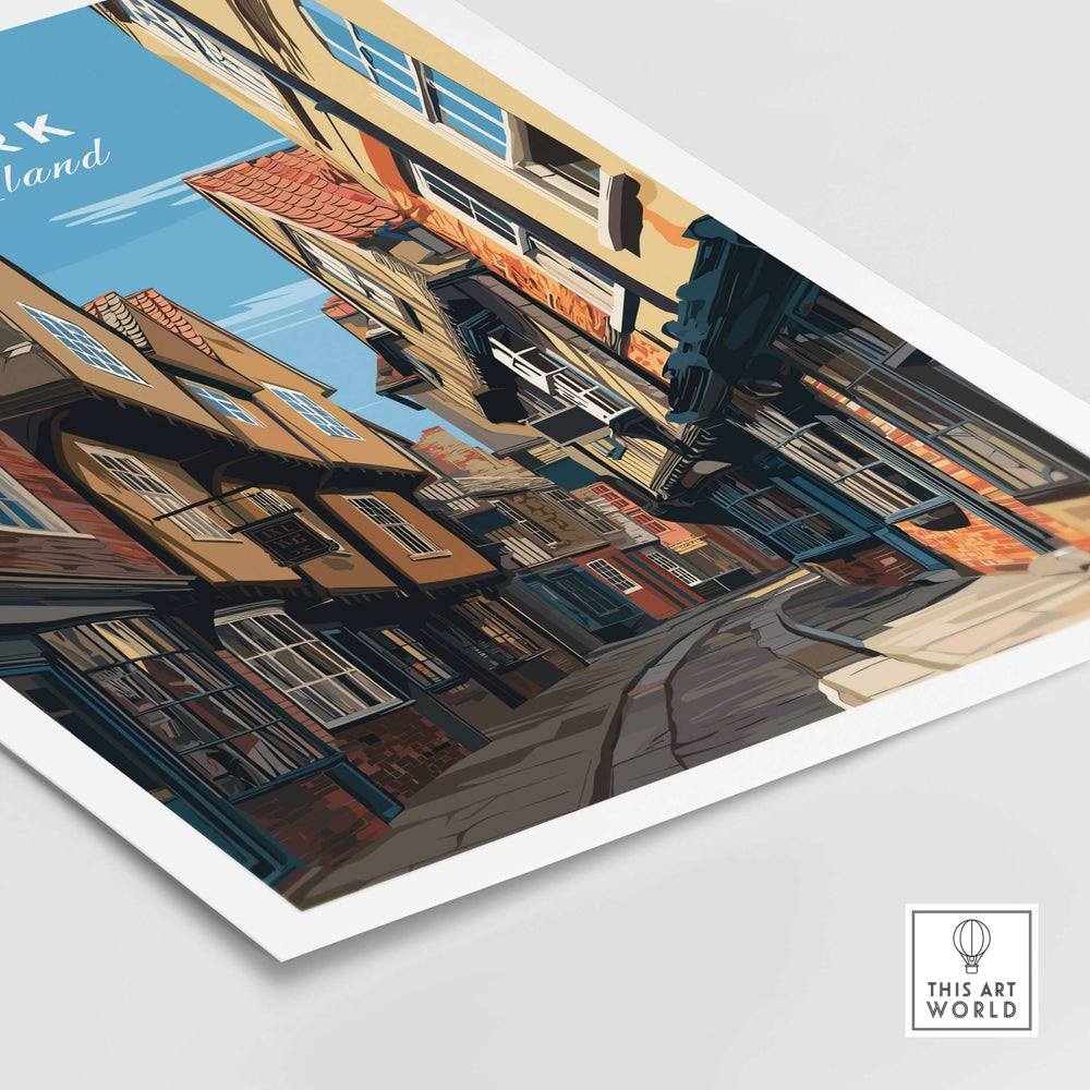 York England The Shambles street print artwork featuring historic timber-framed buildings and a winding lane.