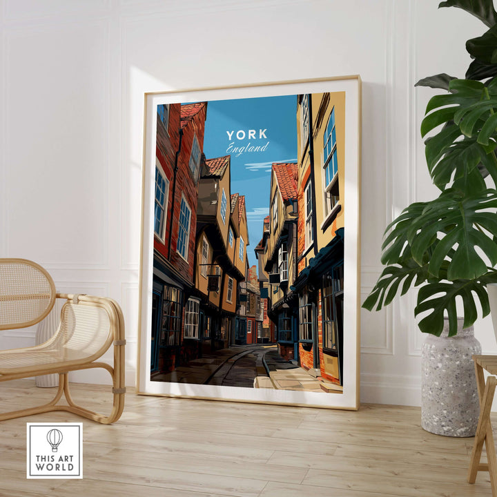 York England The Shambles street print showcasing timber-framed buildings in a historic city lane. Decorative wall art.