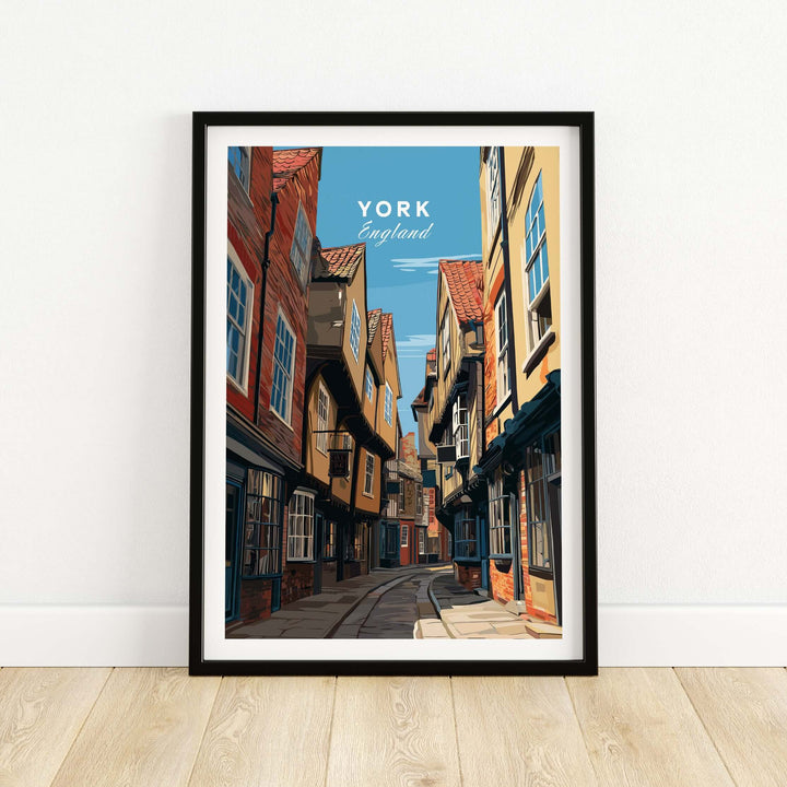York England The Shambles street print showcasing historic timber-framed buildings and charming narrow lane.