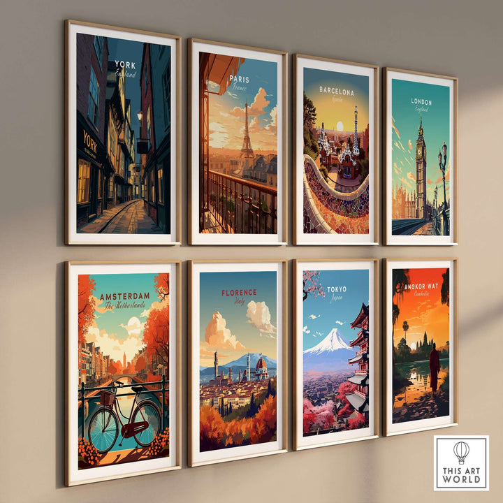 Gallery wall featuring city prints of York, Paris, Barcelona, London, Amsterdam, Florence, Tokyo, and Angkor Wat.