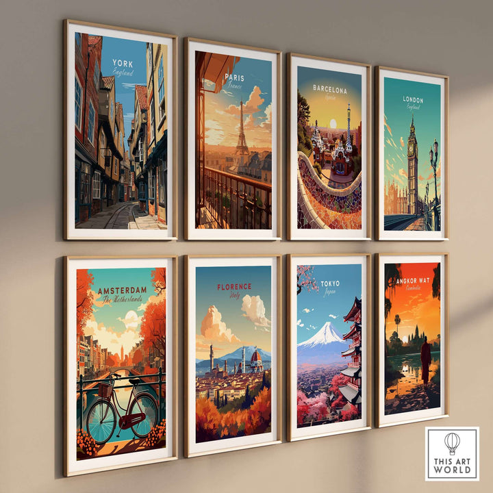 Collection of city prints including York, Paris, Barcelona, and more in stylish frames on wall.