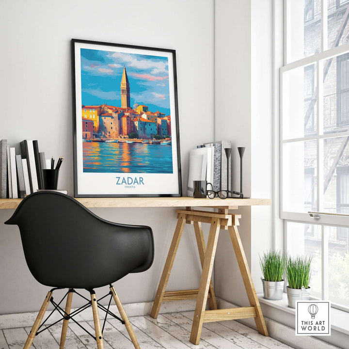 Zadar Croatia Art Print | Colorful Seaside Town Poster displayed in a modern home office setting.