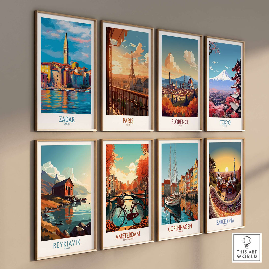 Zadar Croatia Art Print | Colorful Seaside Town Poster displayed among various travel destination posters.