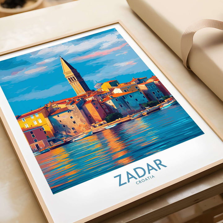 Zadar Croatia Art Print | Colorful Seaside Town Poster featuring vibrant coastal architecture and reflections.