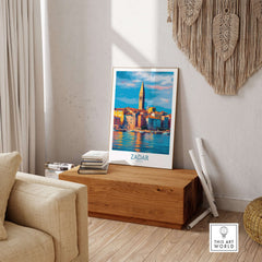 Zadar Croatia Art Print | Colorful Seaside Town Poster displayed in a stylish interior setting with natural light.