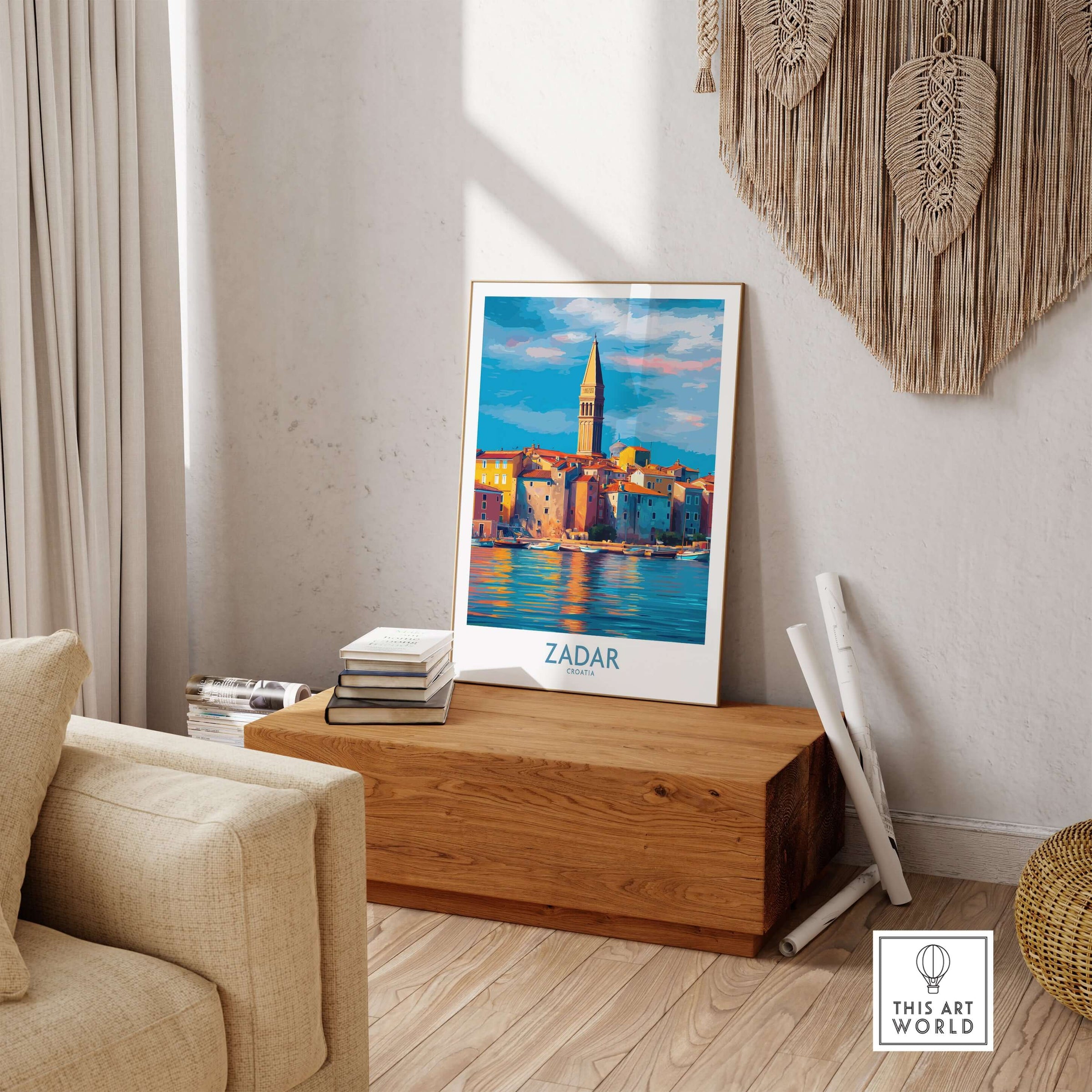 Zadar Croatia Art Print | Colorful Seaside Town Poster displayed in a stylish interior setting with natural light.