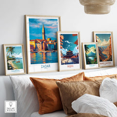 Zadar Croatia Art Print | Colorful Seaside Town Poster framed among other travel art prints on a stylish sofa.