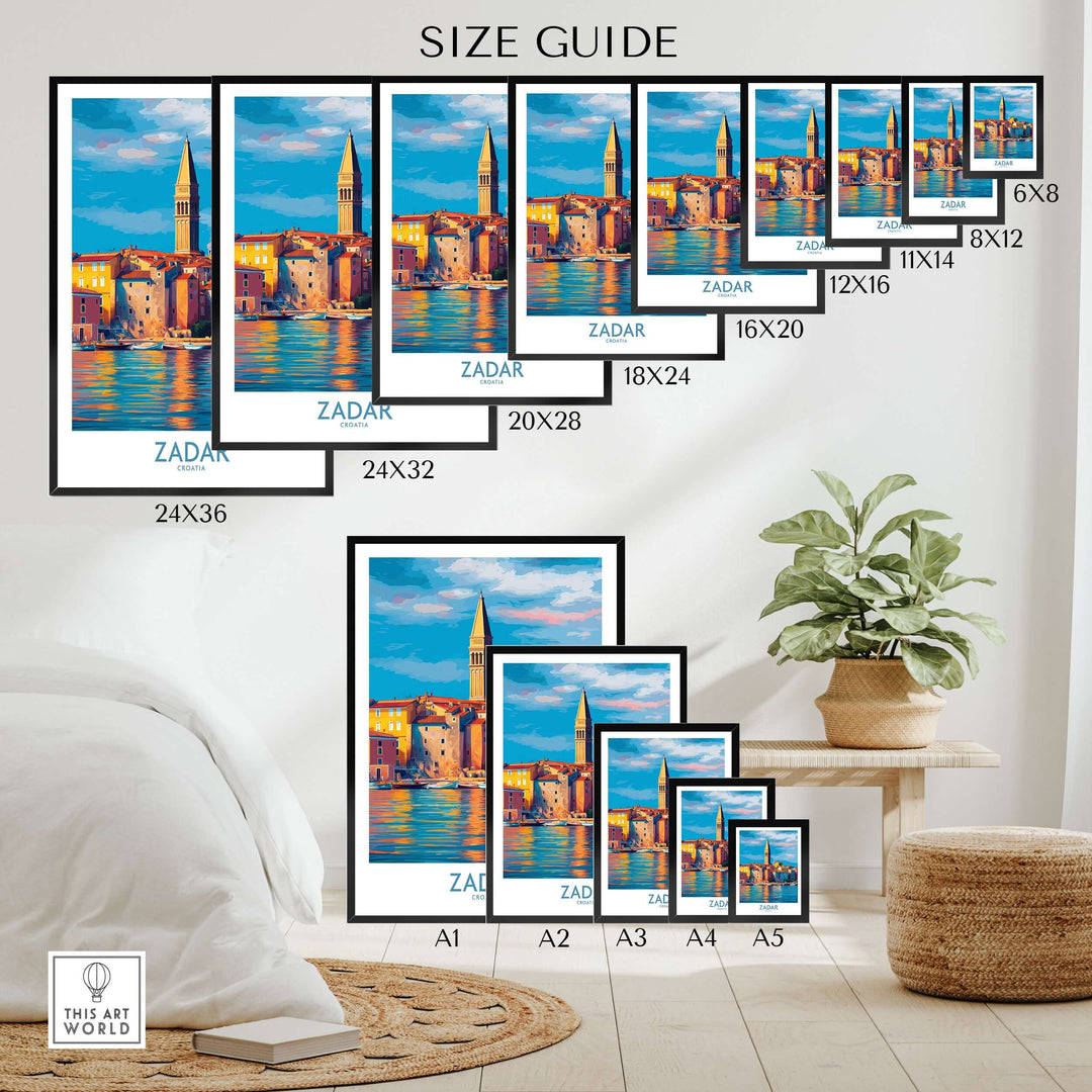 Zadar Croatia Art Print | Colorful Seaside Town Poster size guide layout showcasing various dimensions.
