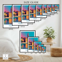 Zadar Croatia Art Print size guide showcasing various frame options for vibrant coastal city artwork.