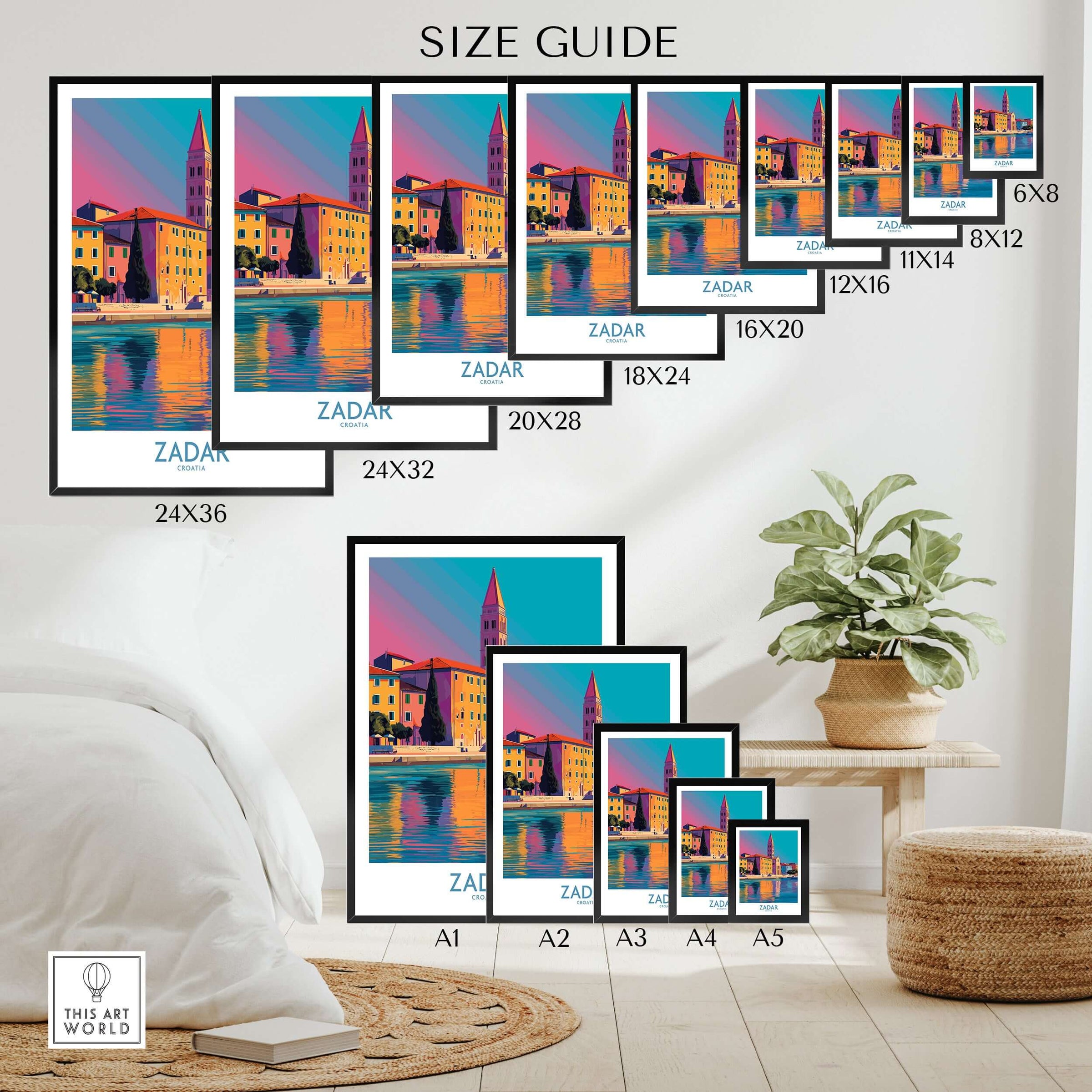 Zadar Croatia Art Print size guide showcasing various frame options for vibrant coastal city artwork.