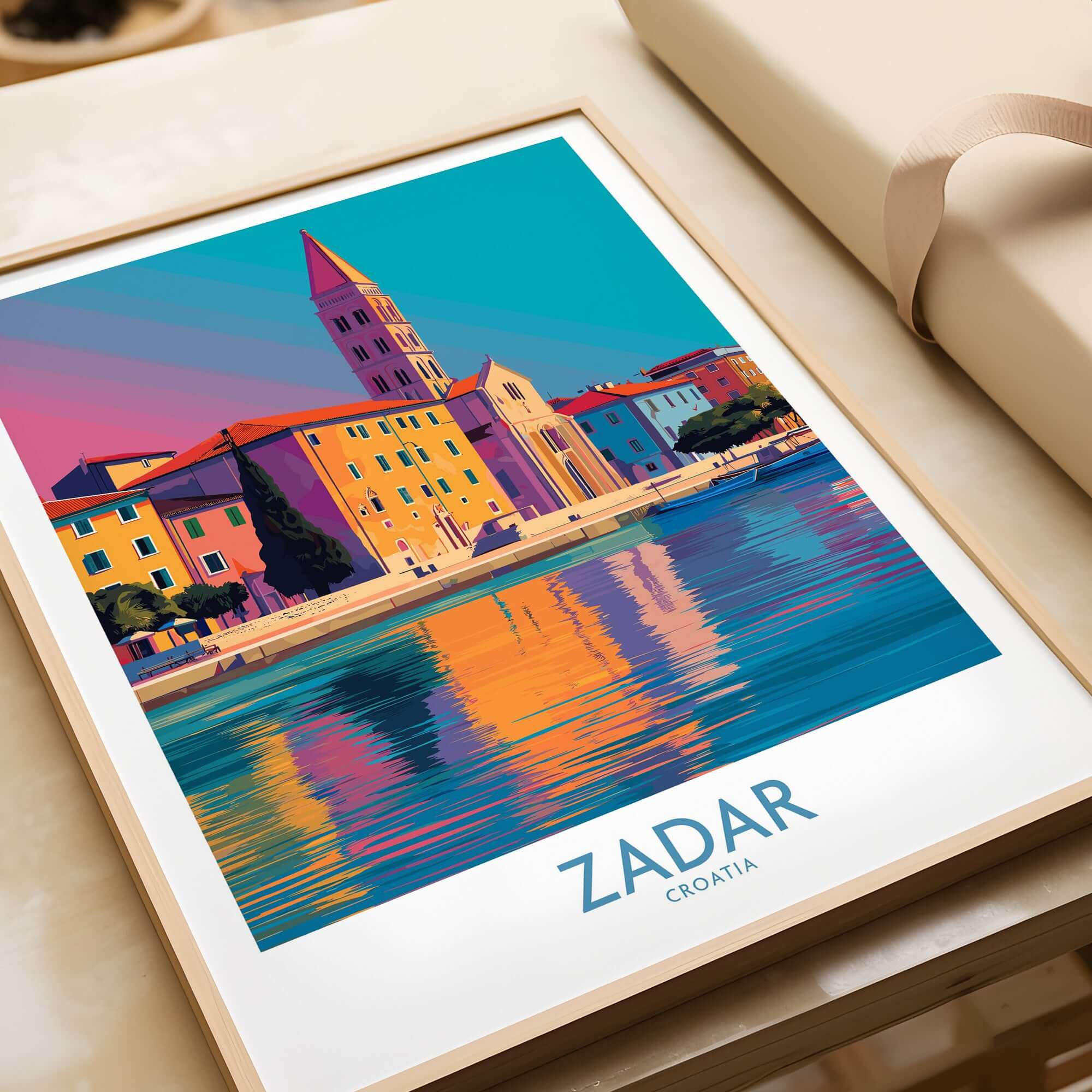 Zadar Croatia Art Print featuring vibrant colors of Zadar's coastal architecture and reflections on water.