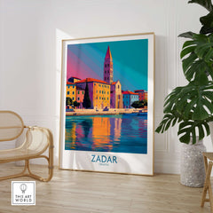 Zadar Croatia Art Print showcasing vibrant coastal city scenery with colorful buildings and reflections in water.