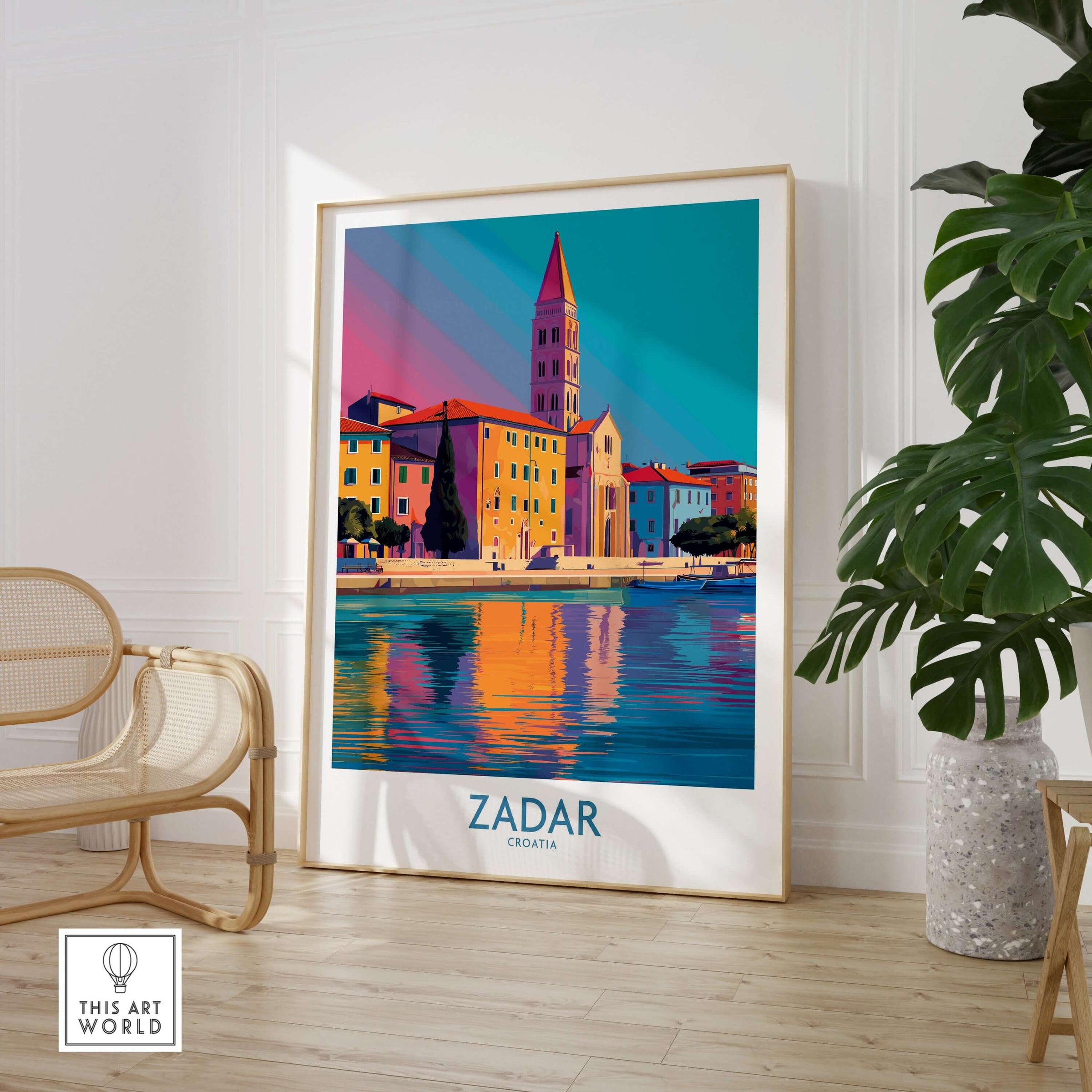 Zadar Croatia Art Print showcasing vibrant coastal city scenery with colorful buildings and reflections in water.