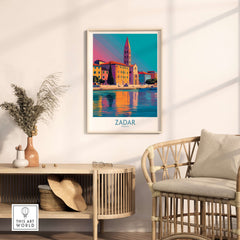 Zadar Croatia Art Print showcasing vibrant coastal scene, framed and displayed in a stylish living room setting.