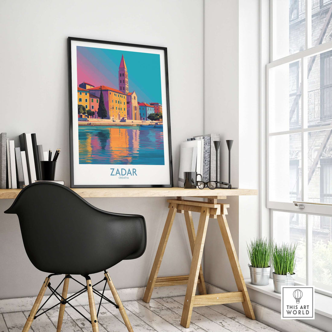 Zadar Croatia Art Print showcasing colorful cityscape in a modern interior setting with a sleek black chair.