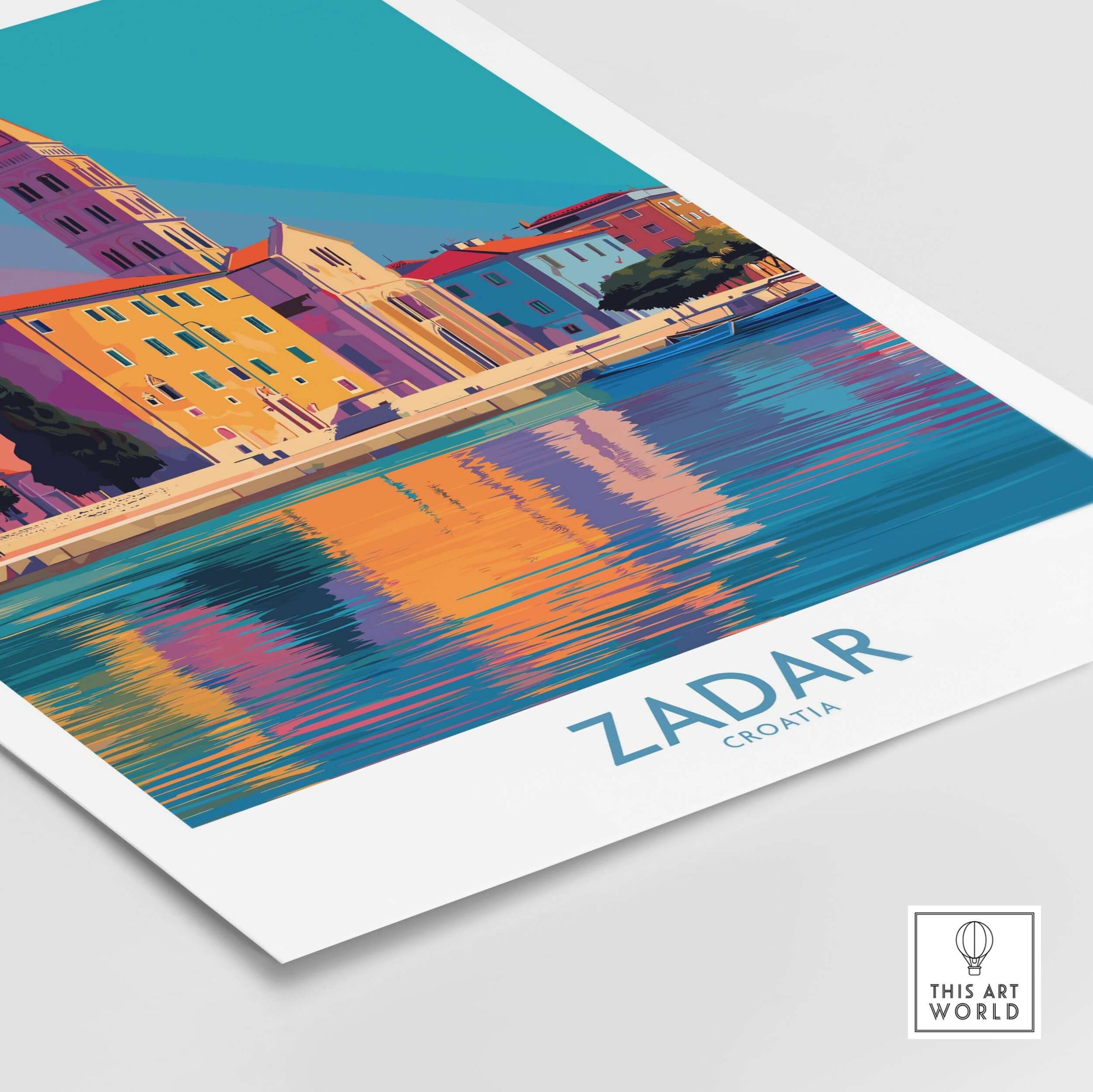 Zadar Croatia Art Print showcasing vibrant buildings reflecting in tranquil waters, capturing Zadar's charm and energy.