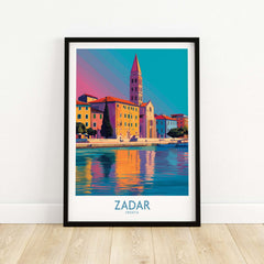 Zadar Croatia Art Print showcasing vibrant coastal cityscape with colorful buildings and serene water reflections.