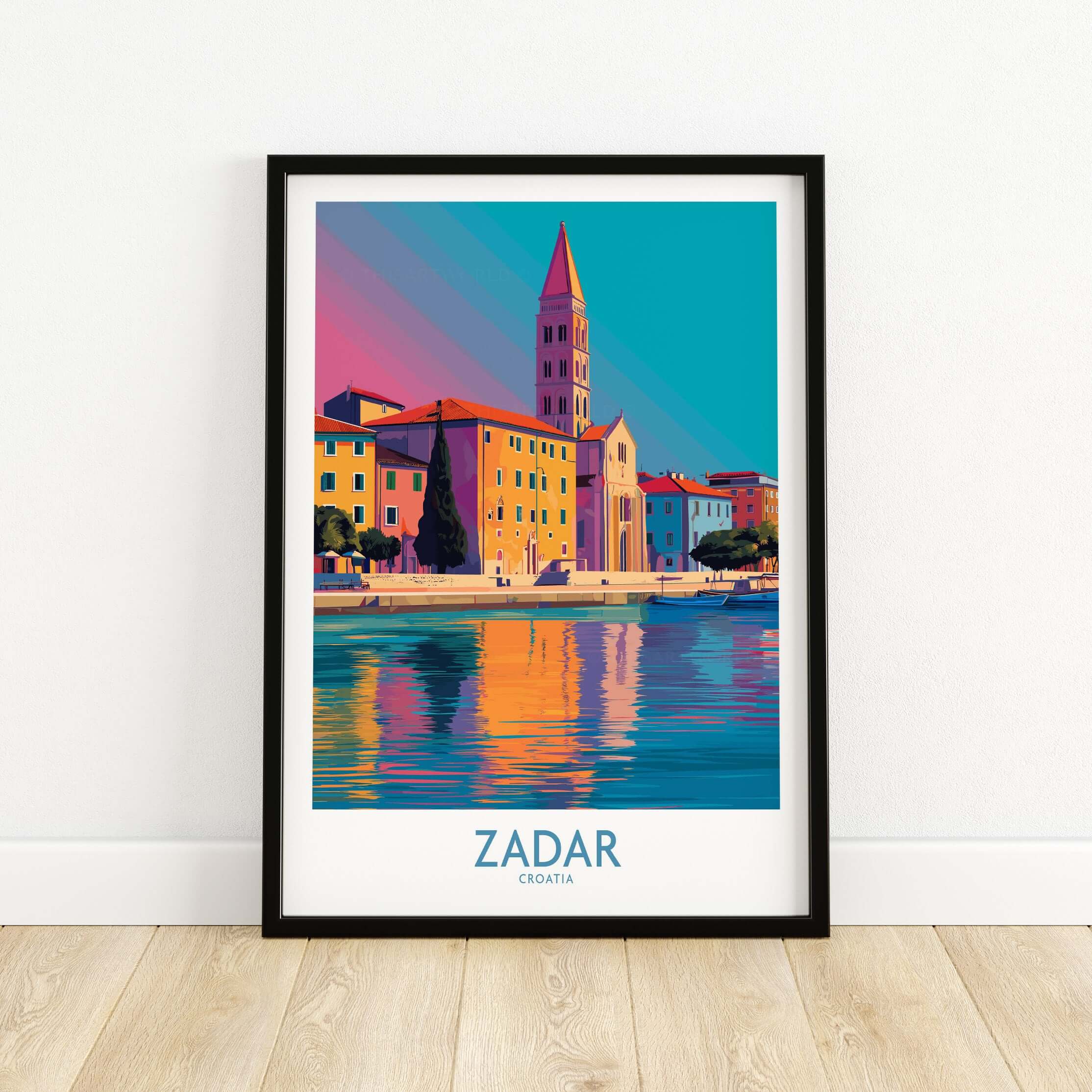 Zadar Croatia Art Print showcasing vibrant coastal cityscape with colorful buildings and serene water reflections.