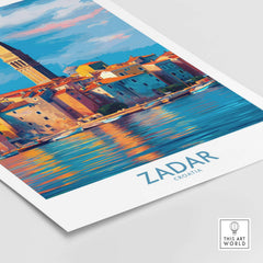 Zadar Croatia Art Print | Colorful Seaside Town Poster featuring vibrant architecture and reflections in the Adriatic Sea.