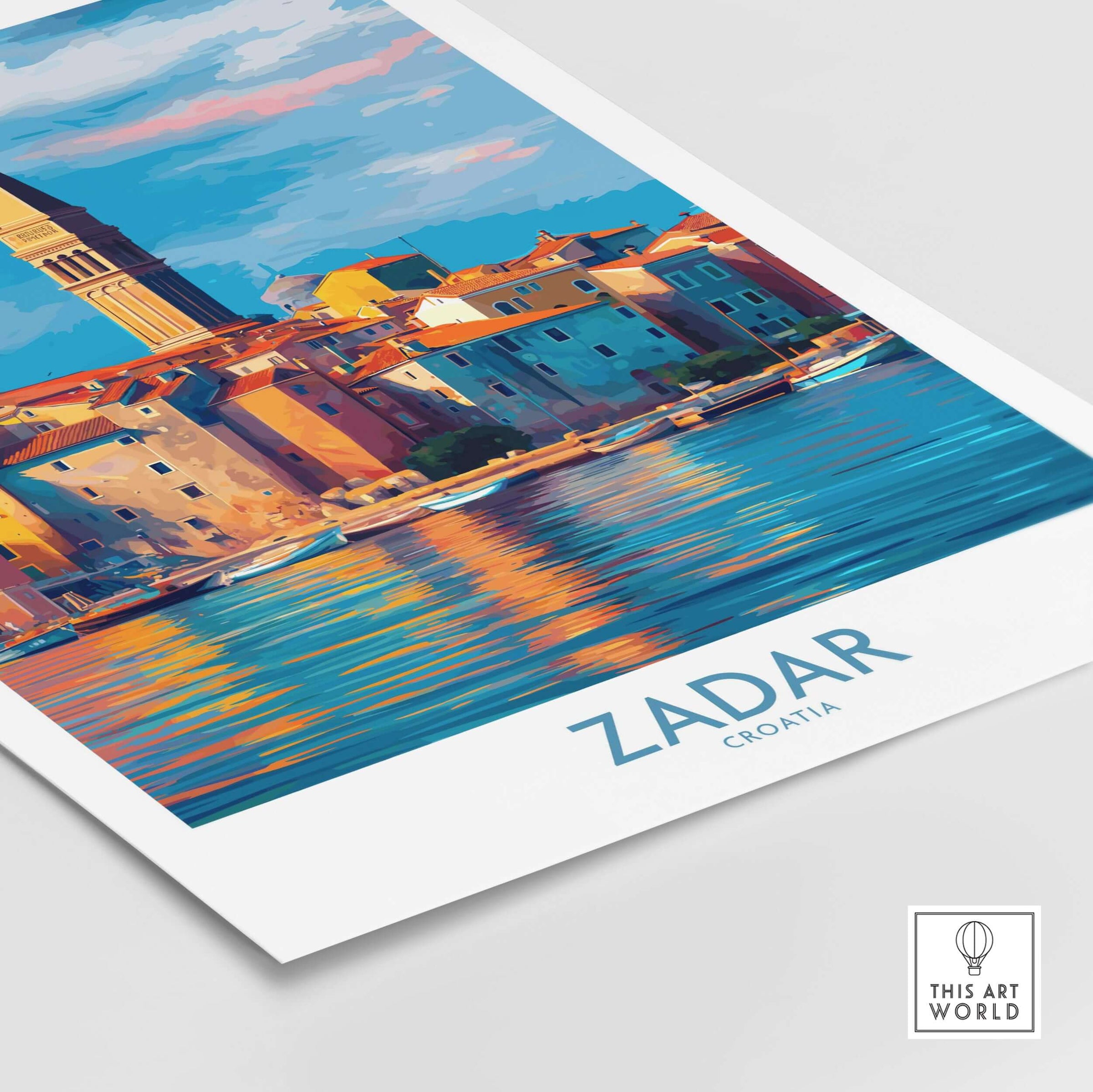 Zadar Croatia Art Print | Colorful Seaside Town Poster featuring vibrant architecture and reflections in the Adriatic Sea.