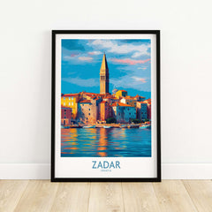 Zadar Croatia Art Print | Colorful Seaside Town Poster featuring the iconic tower by the Adriatic coast.