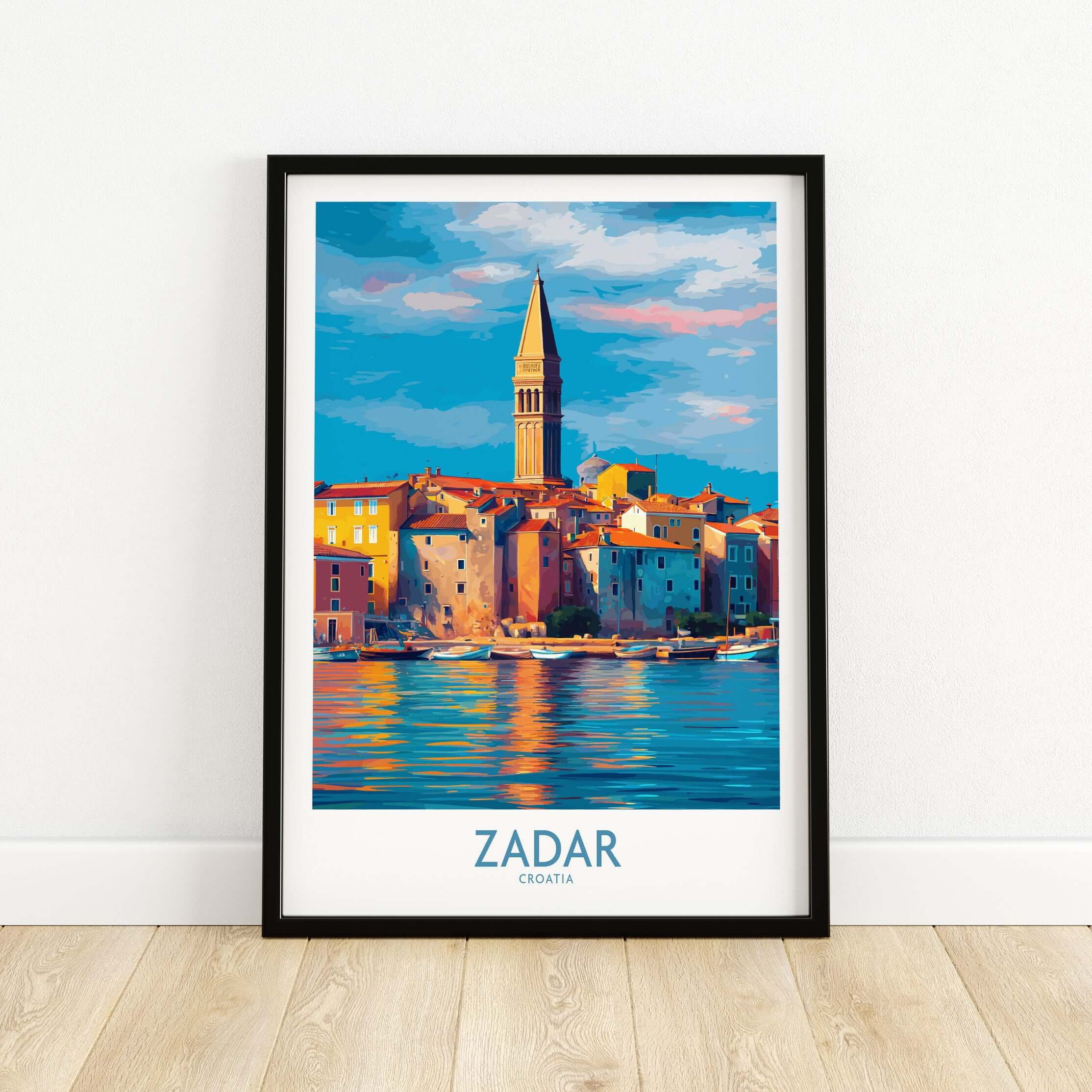 Zadar Croatia Art Print | Colorful Seaside Town Poster featuring the iconic tower by the Adriatic coast.