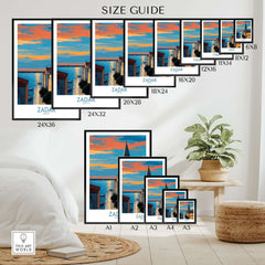 Zadar Croatia Sunset Bell Tower Art Print | Old Town Seascape Poster size guide displaying various frame sizes.