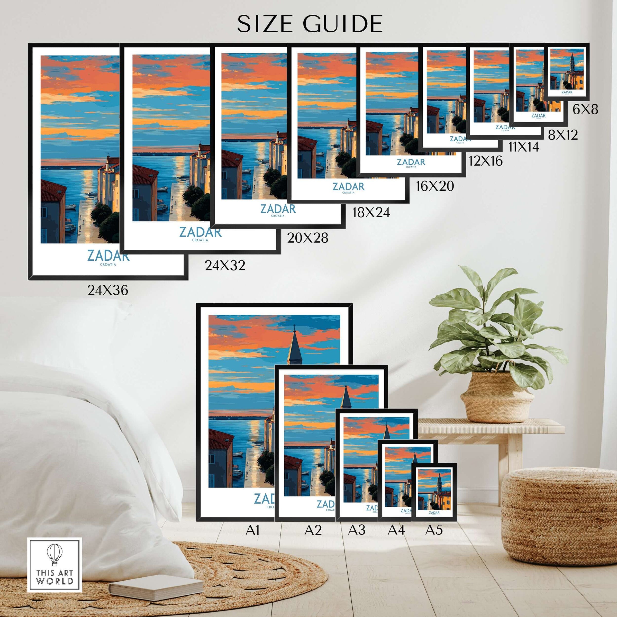 Zadar Croatia Sunset Bell Tower Art Print | Old Town Seascape Poster size guide displaying various frame sizes.